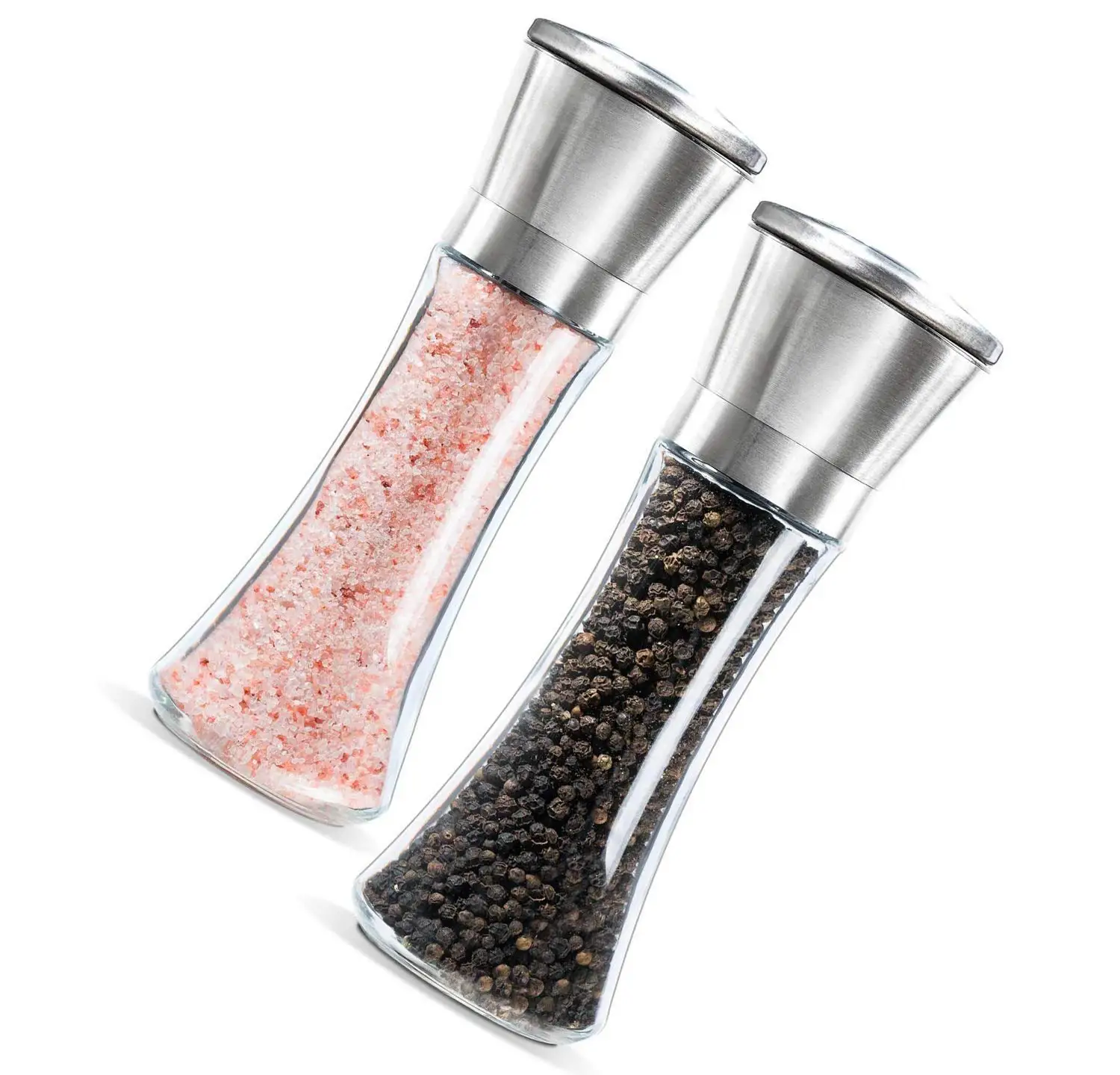 5 Grade Adjustable Ceramic Rotor- Salt and Pepper Shakers by Levav Copper 6 Oz Glass Tall Body Premium Salt and Pepper Grinder Set of 2- Brushed Pepper Mill and Salt Mill