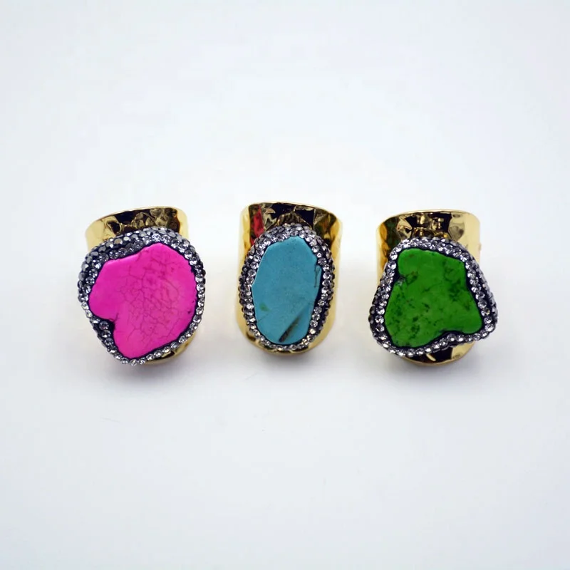 

Multi Color Turquoise Ring Wide Band Crystal Zircon paved Gold Plated Cuff Rings Jewelry Finger Ring