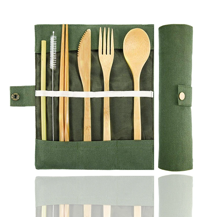 

Best Selling Bamboo Products Classic Green Canvas Portable Outdoor Picnic Bamboo Reusable Travel Cutlery, Customized color