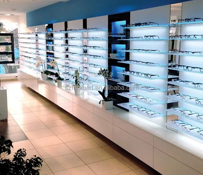 Optical store LED lighted display counters with tempered glass shelves