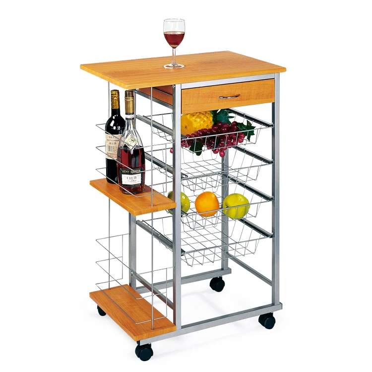 Modern design food vegetable storage home restaurant wood and metal serving cart mobile kitchen trolley with wheels 