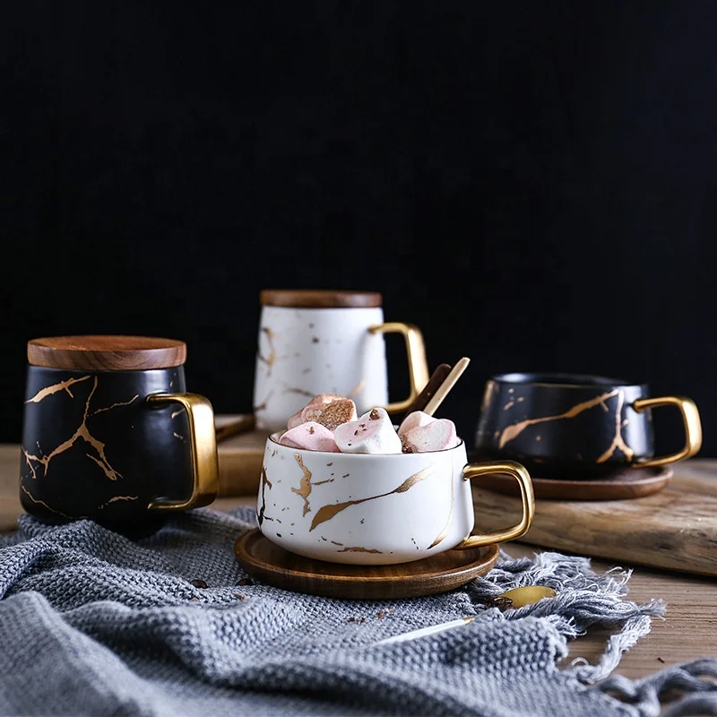 

Gold series marble black and white ceramic coffee cup mug with wood lids 260ML 360ML, White/black+gold