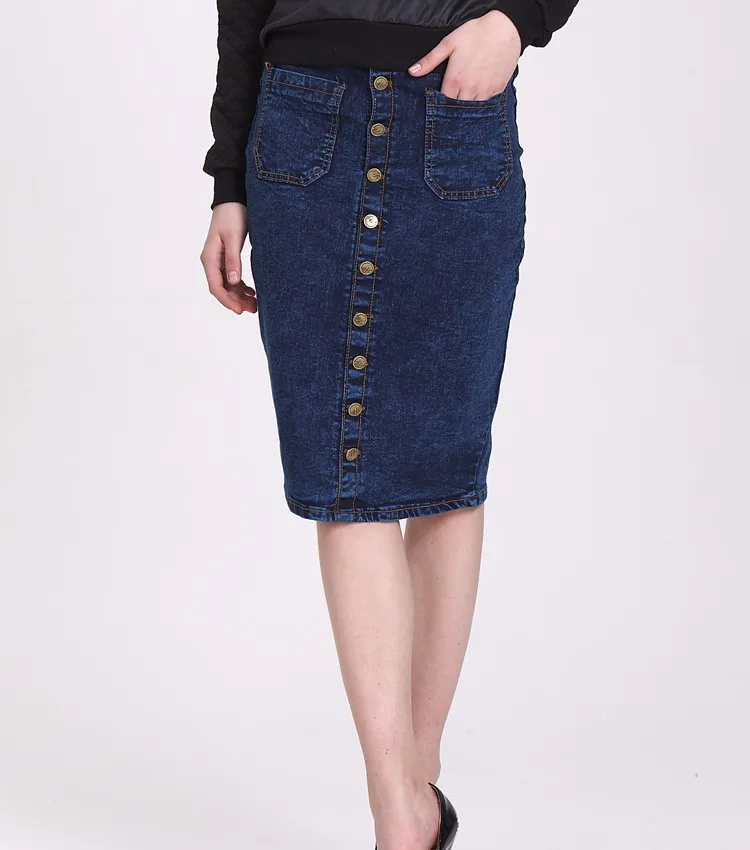 Custom Wholesale Womens Cheap Button Long Knee Length Denim Skirts ...