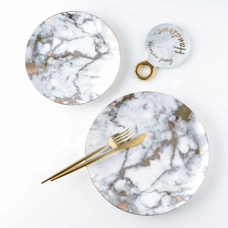 

Elegant gold rim exotic wedding round sliver rim marble cheap ceramic charger plates, Customized