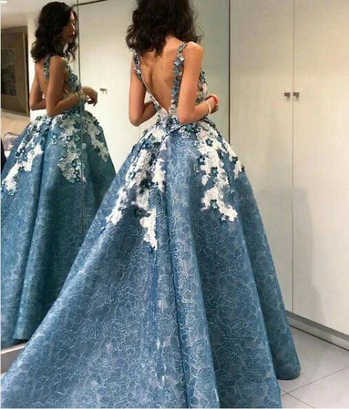 French Blue High Low Sexy Open Back Lace Princess Wedding Dress