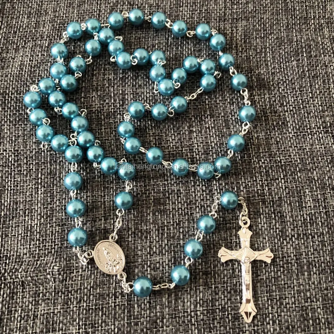 8mm Blue Pearl Rosary Beads,Catholic Necklace With Clear Heart Rosary