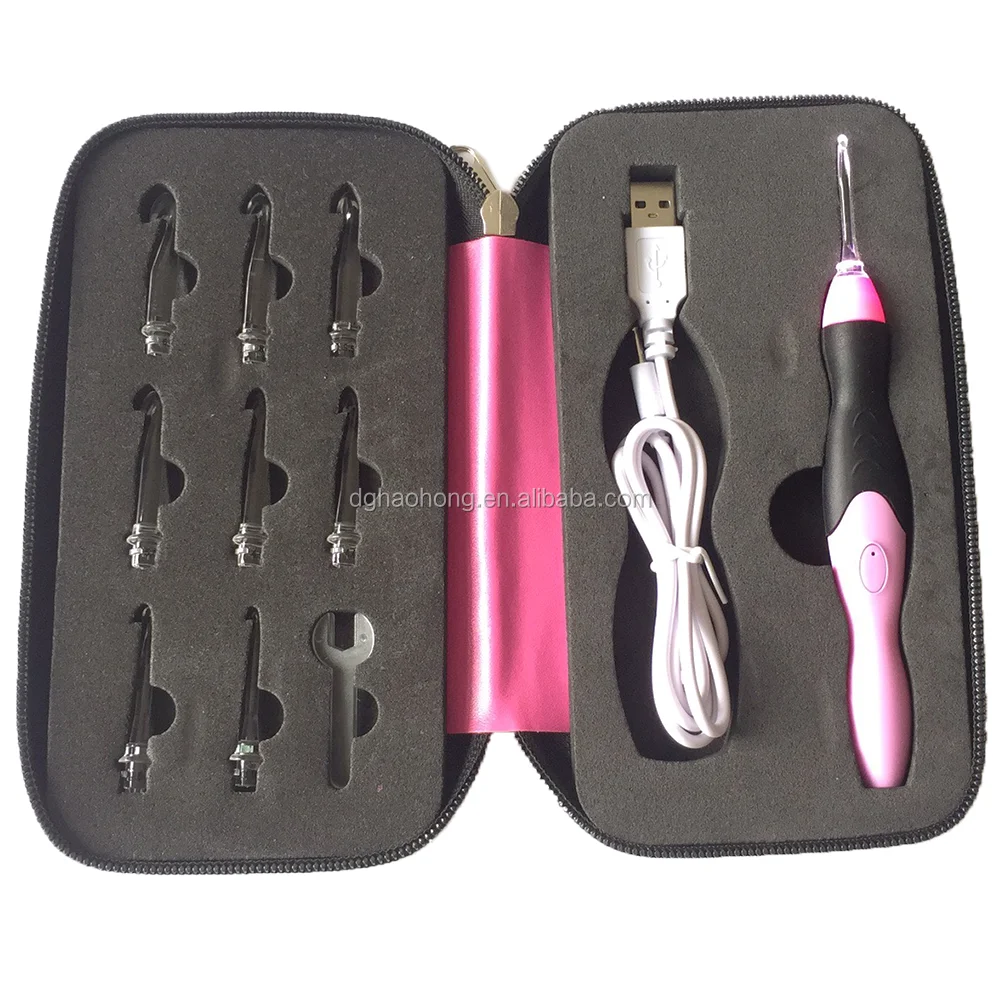 

High Quality Rechargeable Light Up Crochet Hook Set, Led 9 in 1 Interchangeable Heads crochet hook, Red;pink;blue;etc