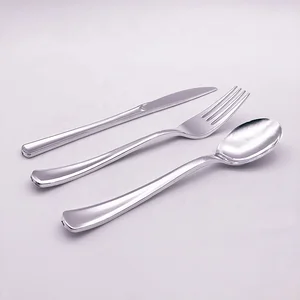 Image of Flatware Set Heavy Duty Disposable Plastic Silver Cutlery Set And Rose Gold Plastic Cutlery for Parties