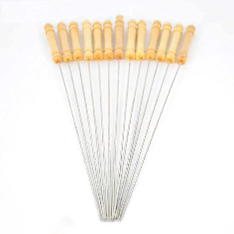 

10 Pcs/set Stainless Steel Barbecue Skewers 34cm Wooden Handle BBQ Flat Prods Outdoor Party Sharp Tip Barbecue Tools