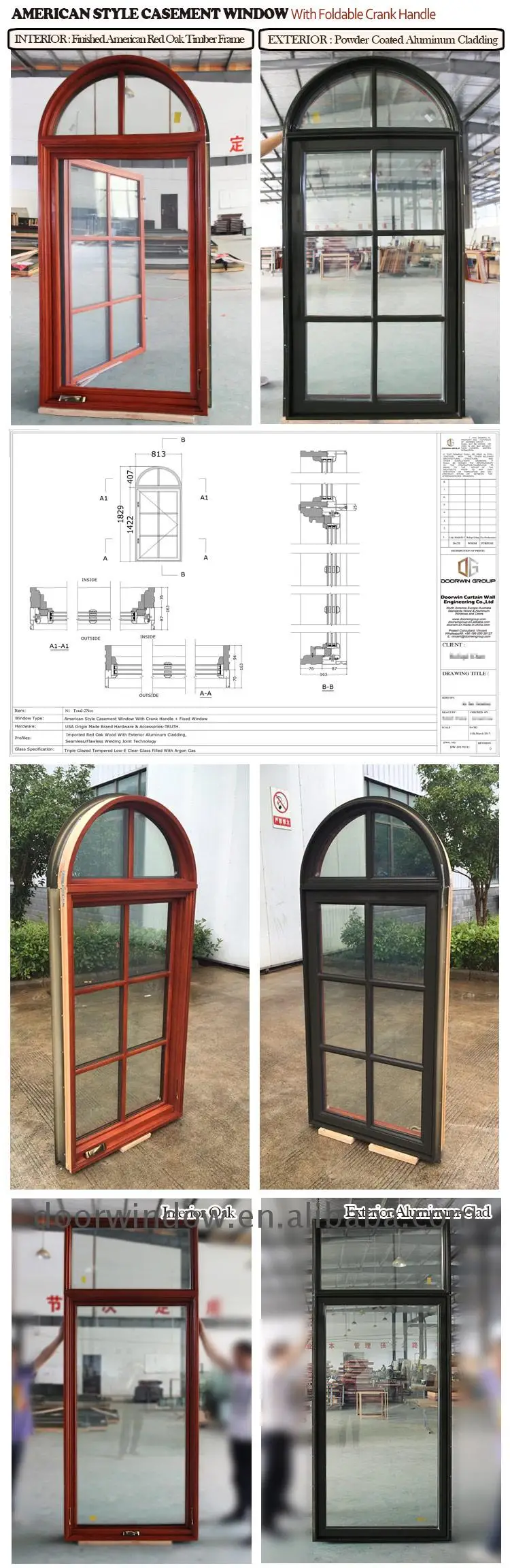 China Manufactory aluminum clad wood windows window casement hand crank