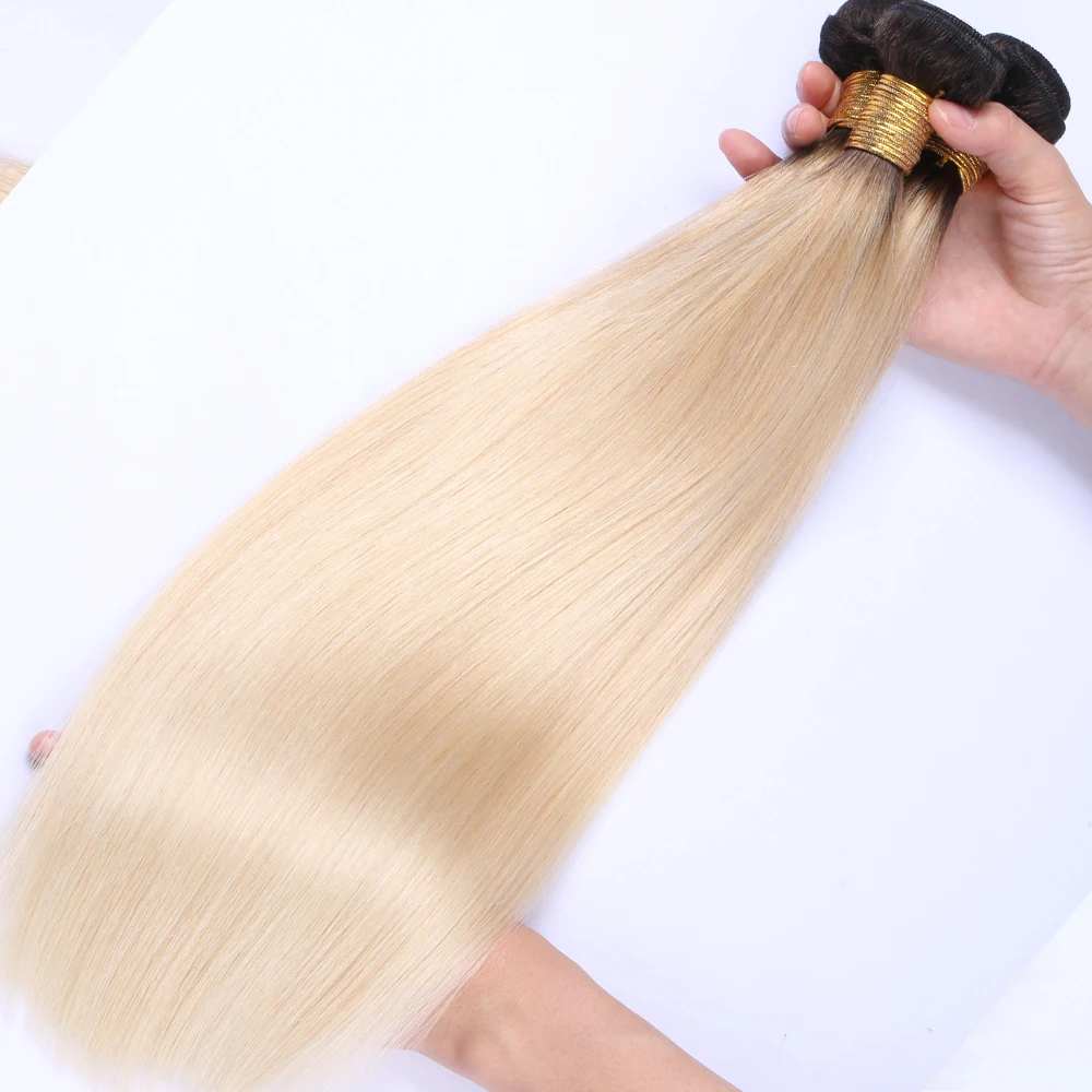 

3 Bundles 1B 613 Ombre Blonde Brazilian Straight Hair Bundles 2 Tone Dark Roots Platinum Color Remy Human Hair Weave, N/a