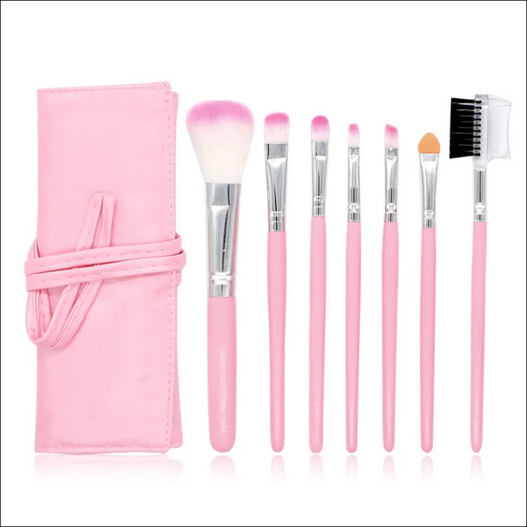 

7 Pieces Convenient Carrying Pink Plastic Handle Makeup Brush Set with PU Storage Pink Bag, As pics