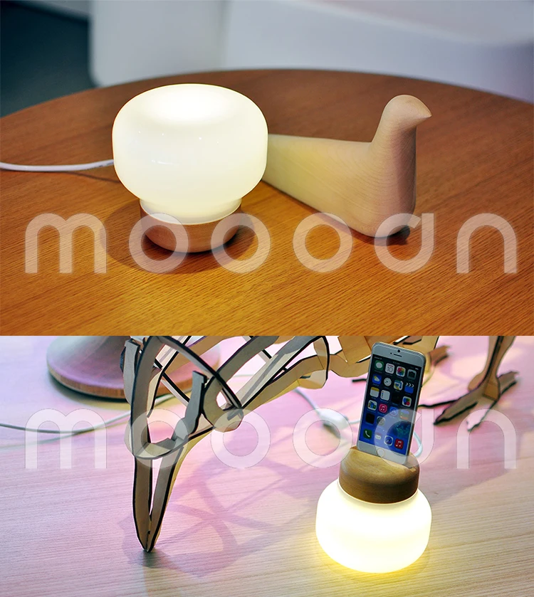 Modern Smart home Wood craft blown White Glass bottle led Table Lamp for charger of iphone 6