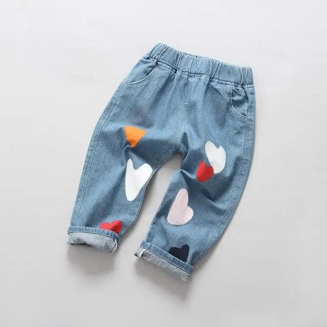 

Girls Autumn Fashion Heart Print Jeans Kids Denim Trousers Casual Elastic Waist Pants Children Jeans Baby Girls Jeans, As picture