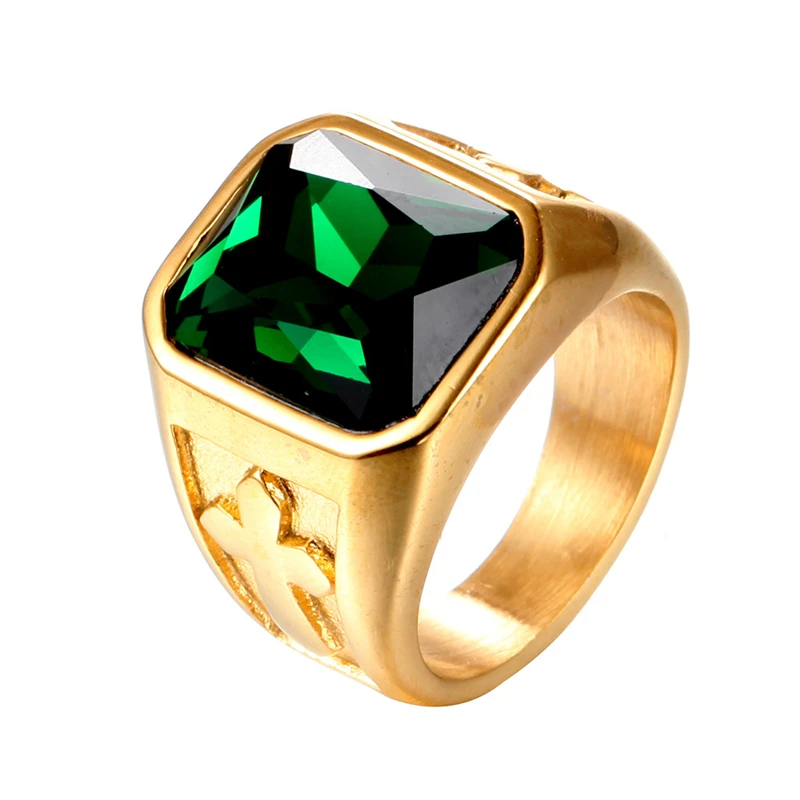 

High Quality Men Stainless Steel Multi Color Creative Cross Gemstone Ring, Gold