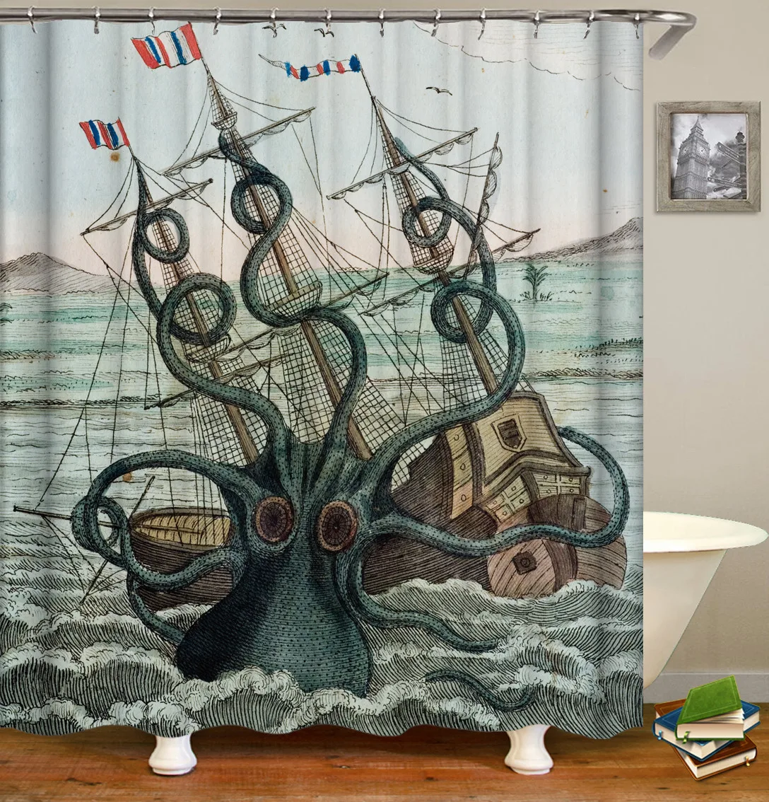 

Sail Boat Waves and Octopus Old Look Home Textile shower curtain