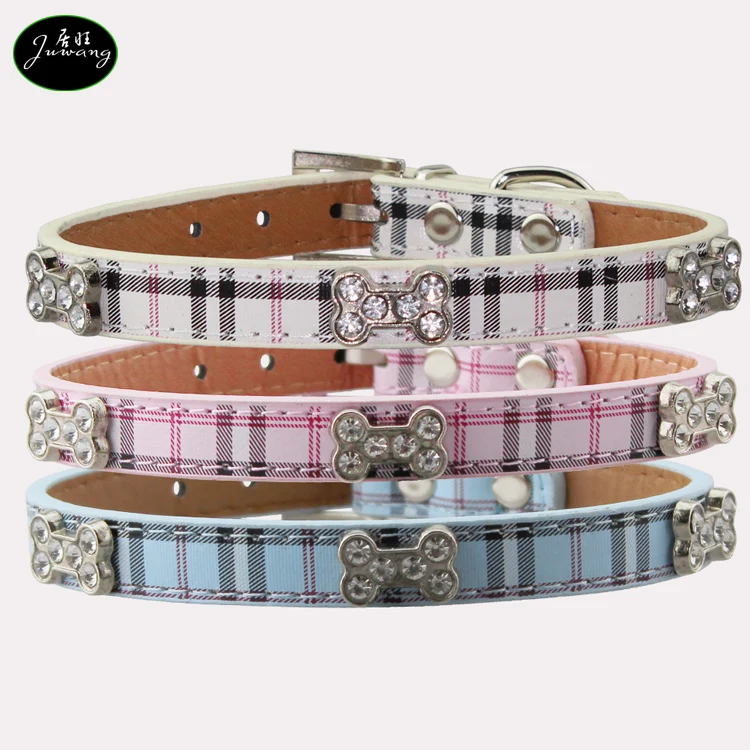 

Pet Factory Wholesales Rhinestone Bone Plaid Tartan Faux Leather Dog Collar, Beige, pink, blue