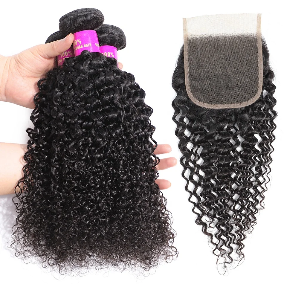 

Indian Human Hair Jerry Curly Bundles With Closure 100% Virgin Human Hair Extensions Lace Closure