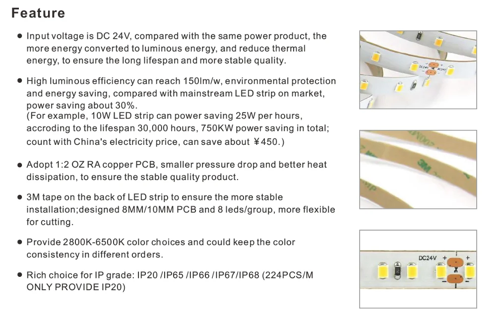 High luminous efficiency 224 led per meter natural and bright smd 2835 led strip lighting