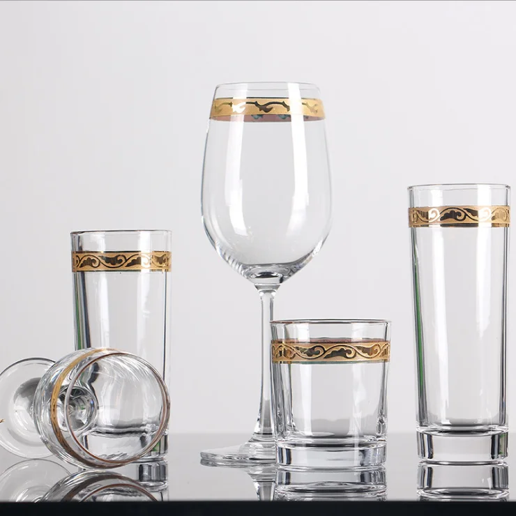 Lead-free clear drinking goblet set wine champagne gold rim glass cup for wedding event