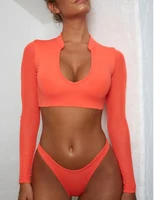 

Flattering Orange Long Sleeves High Cut Two Piece Swimwear Sexy Bikini Super Fashion