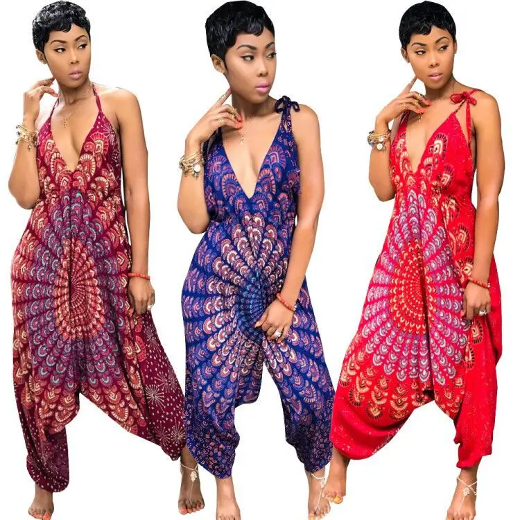 

2019 Floral Printed Wide Leg Jumpsuit Sleeveless And Backless Spaghetti Straps Jumpsuit, Red/purple/dark red