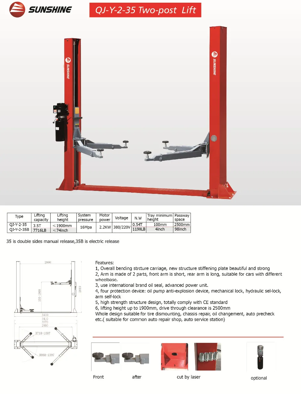 Sunshine Vehicle Hoist Two Post Lift 3.5t With Electrical Release Floor