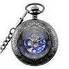 Fashion Blue Steampunk Skeleton Hand Wind Mechanical Men Antique Luxury Brand Necklace Pocket & Fob Watches Chain Male Clock
