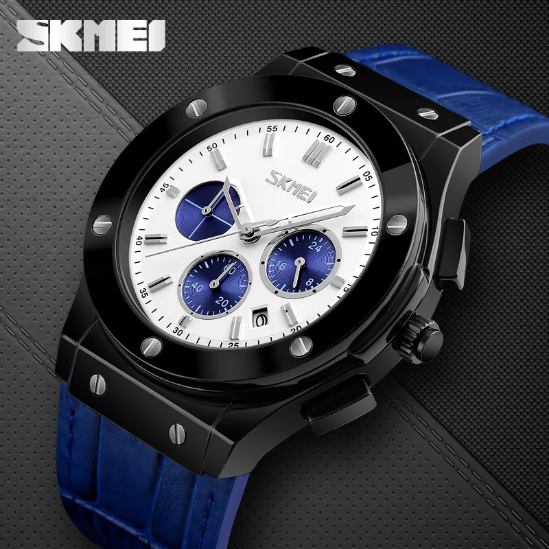 

Skmei 9157 Brand Luxury Men Wrist Watches Business Date Stopwatch Quartz Waterproof Military Chronograph Sports Leather Watch