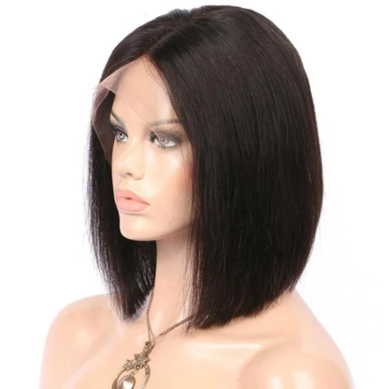 

Popular black 100% human hair double draw lace wig cuticle aligned remy brazilian hair lace front BOB wigs 10 inch 150% density, Natural#