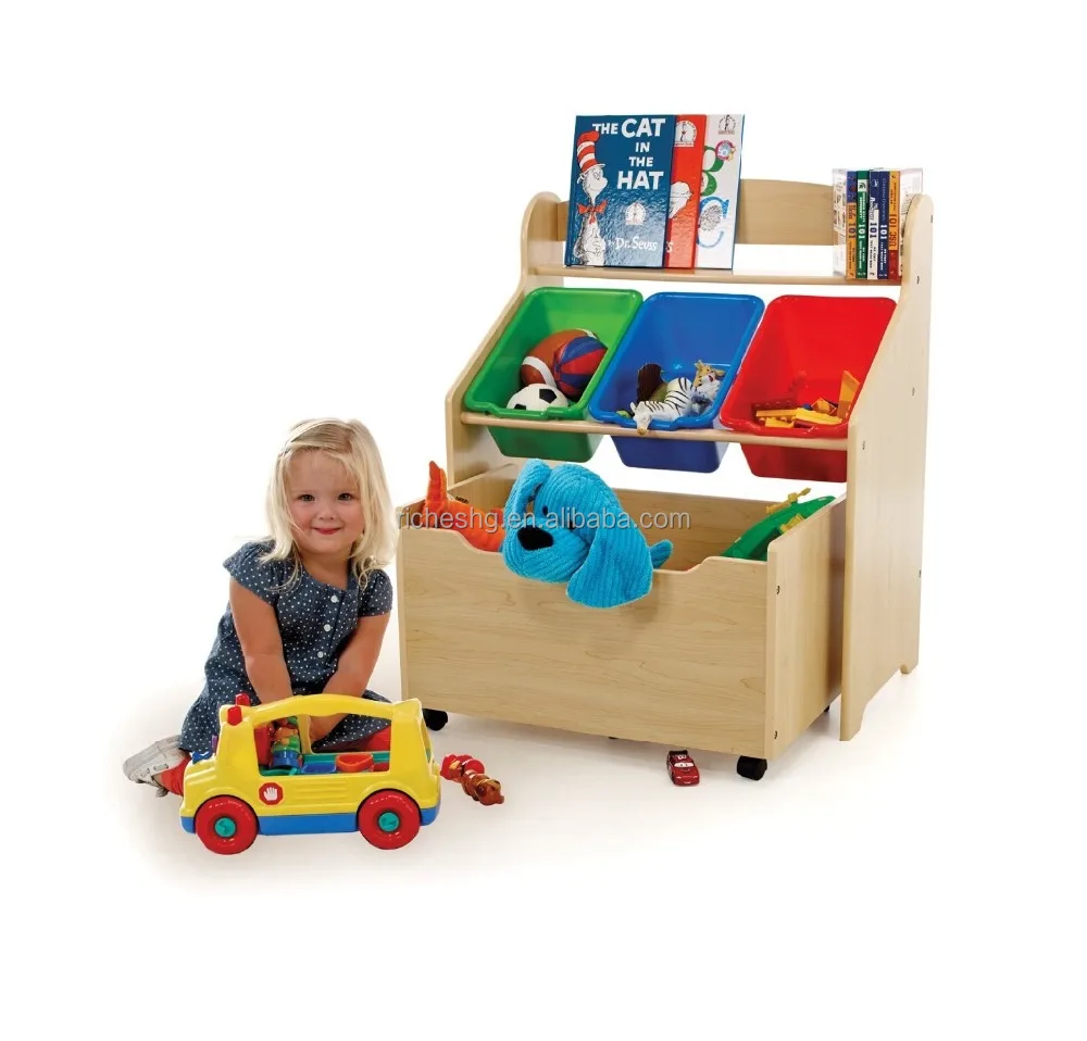 wooden toy organizer for kids with 5 plastic bins, 2 Tier Wooden Toys Storage Organizer