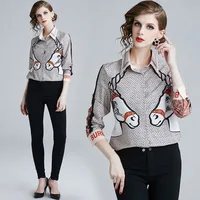 

Spot XC3142045 European station new women's print Slim long-sleeved wild lapel shirt