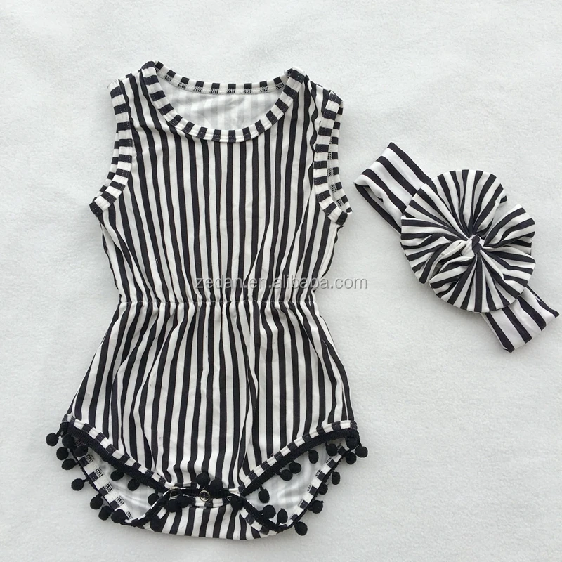 

Summer girl suit & headband baby romper sets vertical stripes pompom jumpsuit soft baby clothes romper, N/a