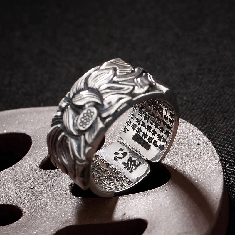 999 Pure Silver Jewelry Lotus Flower Open Ring For Men Fashion Free Size Buddhistic Heart Sutra Rings Gifts