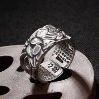

999 Pure Silver Jewelry Lotus Flower Open Ring For Men Fashion Free Size Buddhistic Heart Sutra Rings Gifts