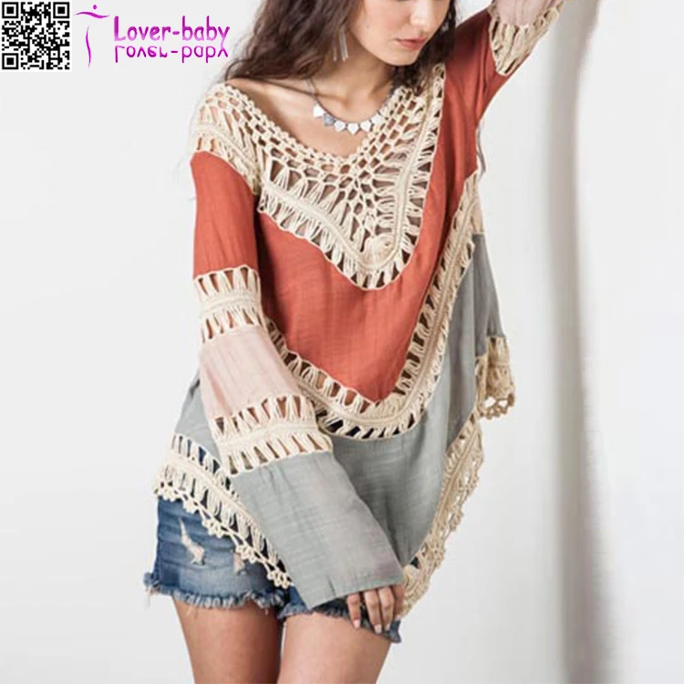 

Multicolor Boho V-Neck Long Sleeve Crochet Tunic women Top L38434, As shown
