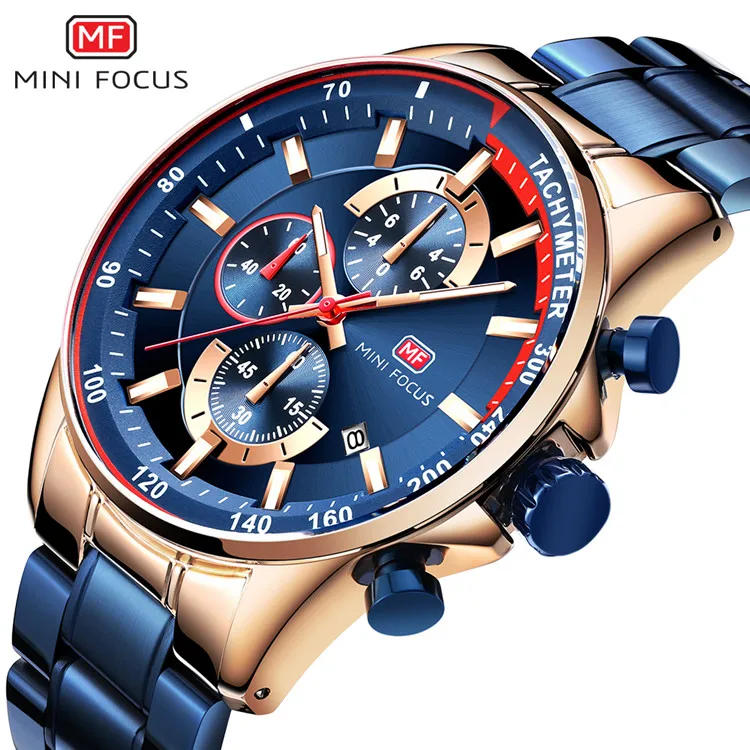 

MINI FOCUS 0218G minifocus Blue Watch Men Quartz Clock Metal Strap Multifunction Calendar Sports Mens Watches Top Brand Luxury