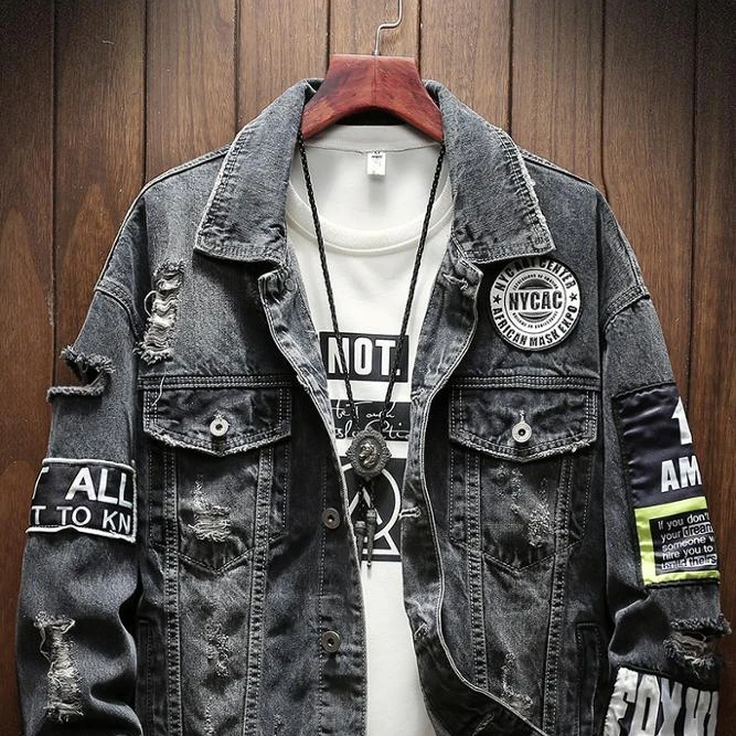 

Wholesale Custom Streetwear Denim Men's Cotton Ripped Jacket, Black