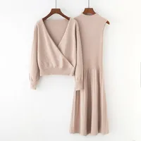 

Autumn Winter new arrival sexy women high neck vest knitted dress and deep v neck pullover dress set