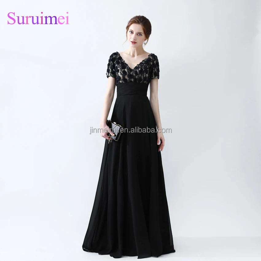 

100% Real Sample Black 3D Flowers Half Sleeve Evening Dresses 2018 Vestido Longo Evening Gowns in China Alibaba China wholesaler, Customer to choose