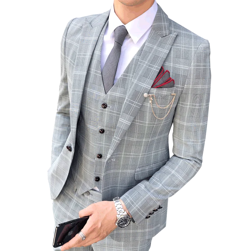 

wholesale mens elegant Wedding Suits Tuxedo plaid British grey 3 Pieces jacket pants vest Slim Fit male lattice suits, 2 colors