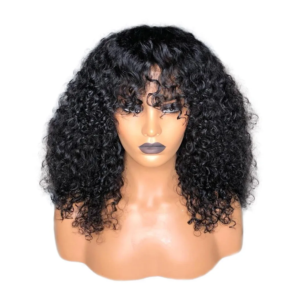 

Deep curly human hair wigs with bang ,200% density afro kinky curly lace front wig for women