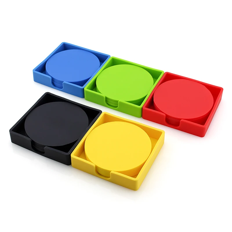 

6 Pack FDA Silicone Christmas Gift Home Decor Easy-Clean Heat Resistant Cup Pad Coaster Set With Holder, Red;green;yellow;blue;black