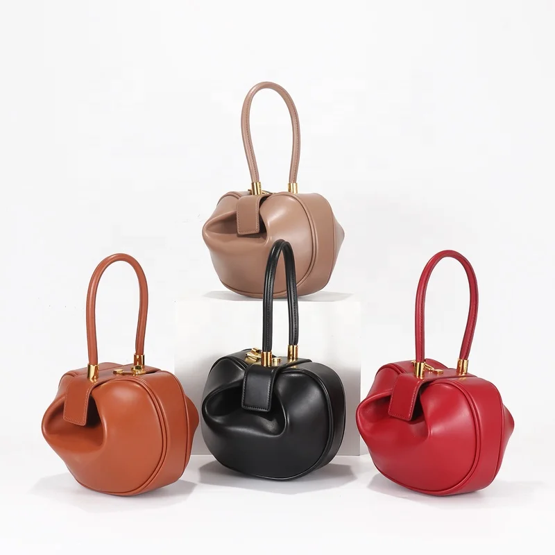 

New Quality Genuine Leather Women Bucket Handbags Ladies Solid Dumpling Top-handle Vintage Bell Shape Tote Bags