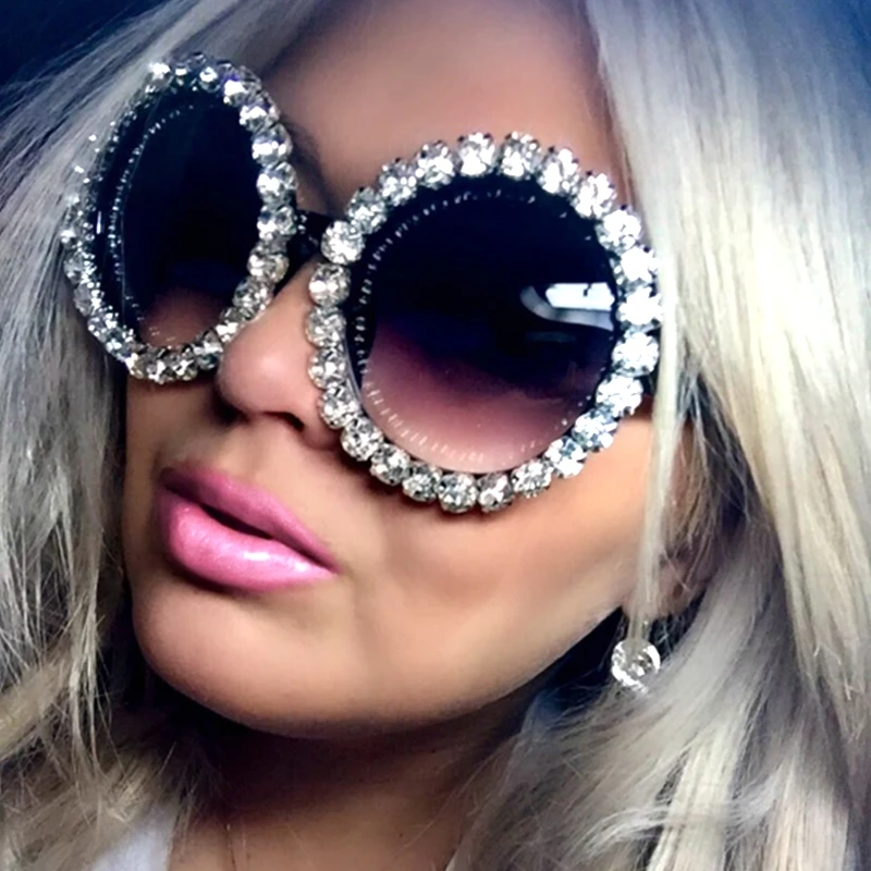

17 design Oversized Sunglasses Women Luxury Rhinestones sunglasses round Men sun glasses shades for women oculos de sol feminino, Black,white,red,pink,purple,blue,coffee,gray