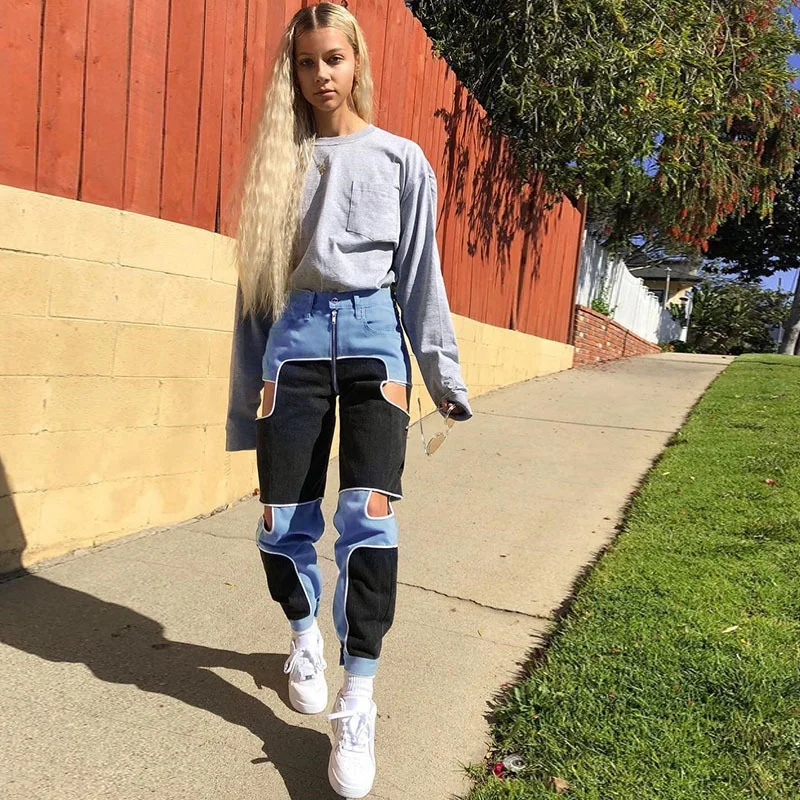 Wholesale hollow out denim jeans newest fashion women hole slim pant patchwork jeans