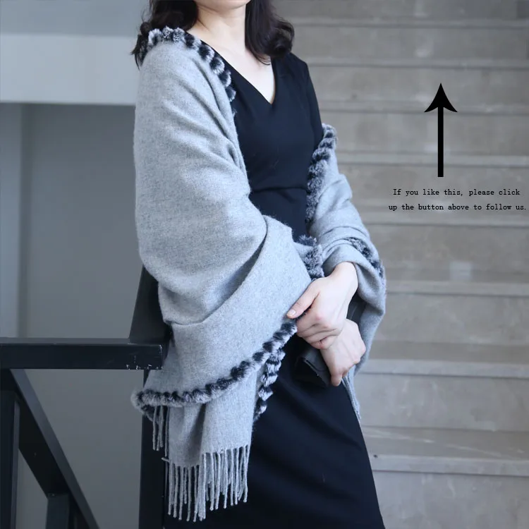 
Custom Winter Plain Rabbit Fur Trim Tassel Wool Yarn Dyed Knitted Long Big Shawl Stole Wrap 