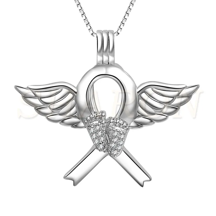 

Bulk Wholesale 925 Sterling Silver Jewelry Angel Wing Feet Pearl Cage Pendant