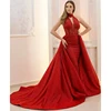 Women Dresses Red Halter Mermaid Evening Dress 2018 with Detachable Train V Neck Ladies Gowns