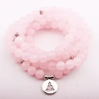 

Fashion Women Yoga Wrap 108 Natural Rose Quartz Bead Bracelet With Lotus OM Buddha Charm Dropshipping